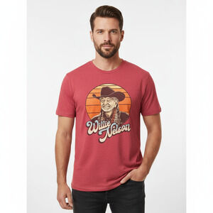Buck Wear Willie Nelson Graphic T-Shirt Men Large Red Short Sleeve Crewneck